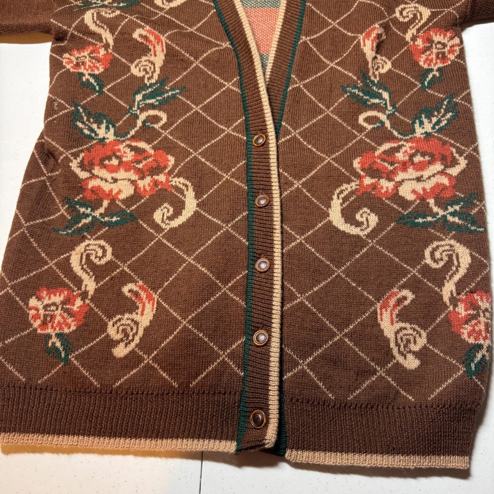 Vintage Cottagecore Floral Virgin Wool Cardigan M Brown Grandma Sweater Flawed - Picture 14 of 14